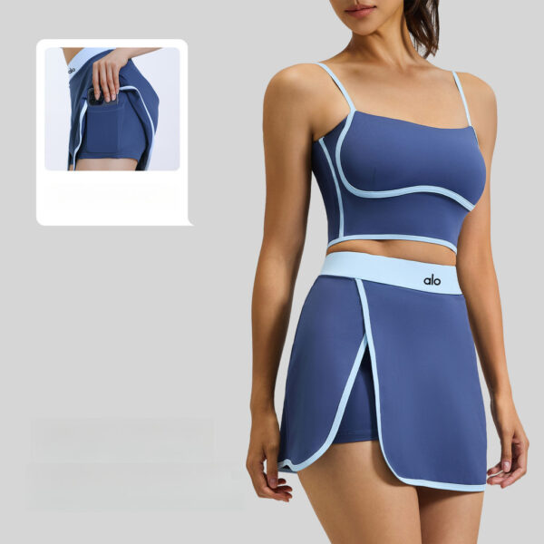 Color-blocked linear sports vest, slit short skirt set, women's fitness fixed cup