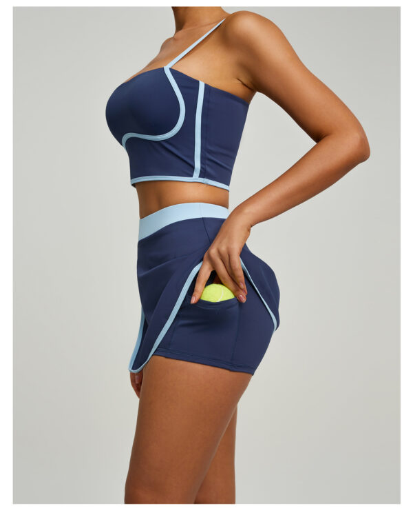 Color-blocked linear sports vest, slit short skirt set, women's fitness fixed cup