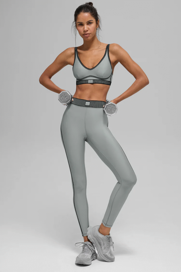 ALO yoga suit set, flocked high-elasticity sports top, tight pants, fitness training suit, lift the buttocks, high waist and tuck in the abdomen