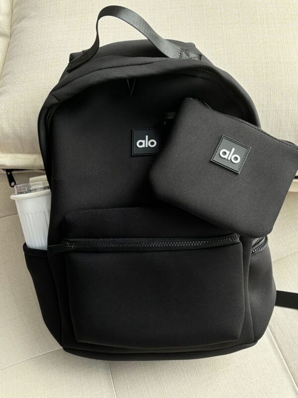alo's same style waterproof backpack, matte neoprene rubber, black tight fabric, face mother, travel bag