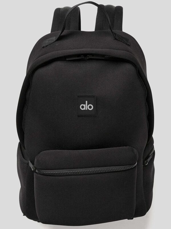 alo's same style waterproof backpack, matte neoprene rubber, black tight fabric, face mother, travel bag