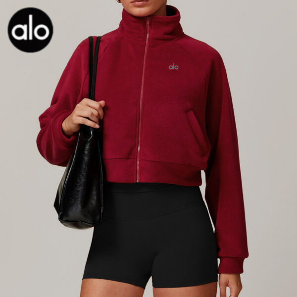 Autumn and winter fleece sports jacket, women's stand-up collar zipper yoga suit, warm and thick windproof fitness jacket top