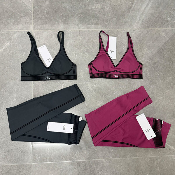 ALO yoga suit set, flocked high-elasticity sports top, tight pants, fitness training suit, lift the buttocks, high waist and tuck in the abdomen
