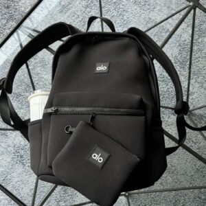 alo's same style waterproof backpack, matte neoprene rubber, black tight fabric, face mother, travel bag