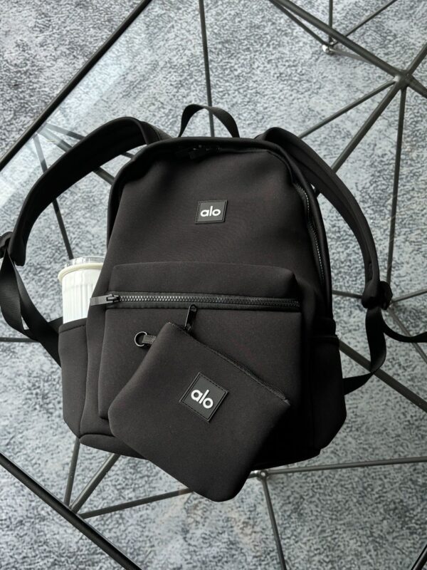 alo's same style waterproof backpack, matte neoprene rubber, black tight fabric, face mother, travel bag