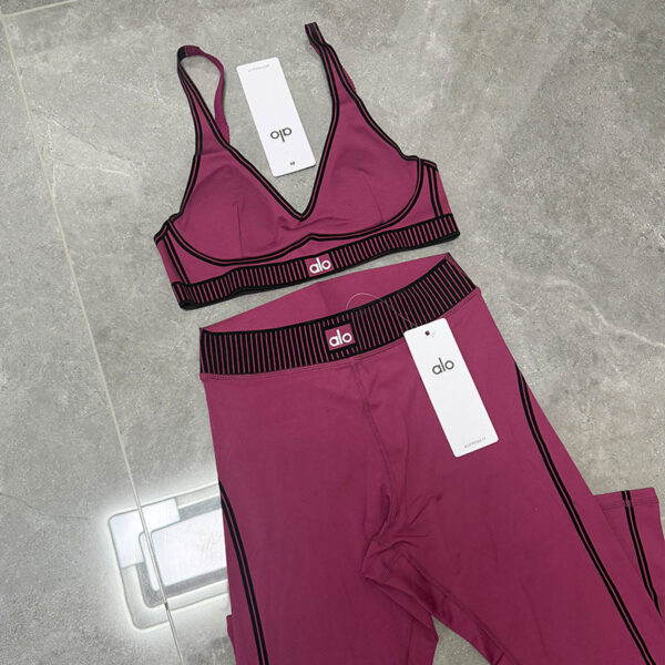 ALO yoga suit set, flocked high-elasticity sports top, tight pants, fitness training suit, lift the buttocks, high waist and tuck in the abdomen