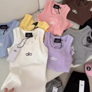 alo printed vest, versatile sports vest, knitted threaded fitness running beautiful back halter