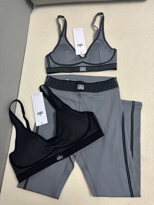 ALO yoga suit set, flocked high-elasticity sports top, tight pants, fitness training suit, lift the buttocks, high waist and tuck in the abdomen