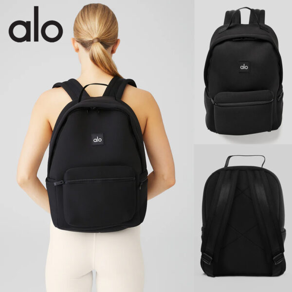alo's same style waterproof backpack, matte neoprene rubber, black tight fabric, face mother, travel bag